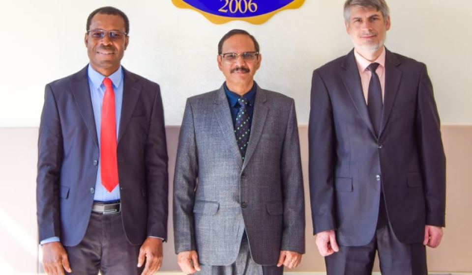 (L-R): Dr Lossan Bonde, Dean of the School of Postgraduate Studies, Dr Vincent Injety, Vice-Chancellor and Dr Feliks Ponyatovskiy, Dean of the Theological Seminary